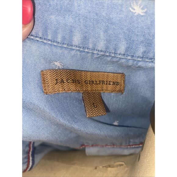 Jachs Girlfriend Chambray Blue Palm Tree Print Button Up Shirt Womens Size Large - Picture 10 of 11